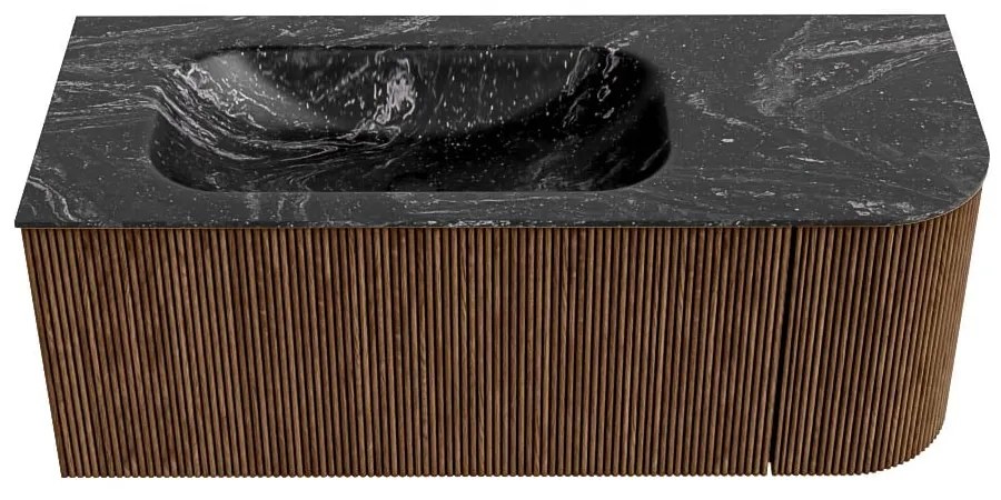 Mondiaz Kurve-dlux 115cm badmeubel ronding rechts walnut met 1 lade en deur en wastafel big small links zonder kraangat lava