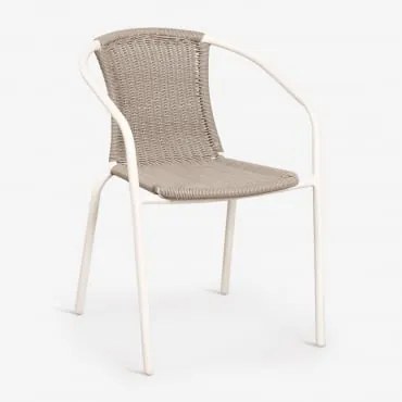 Stapelbare Set Van 4 Eetkamerstoelen Met Armleuningen Van Staal En Synthetisch Riet Kalymana Gardenia Wit - Mokka Bruin - Sklum