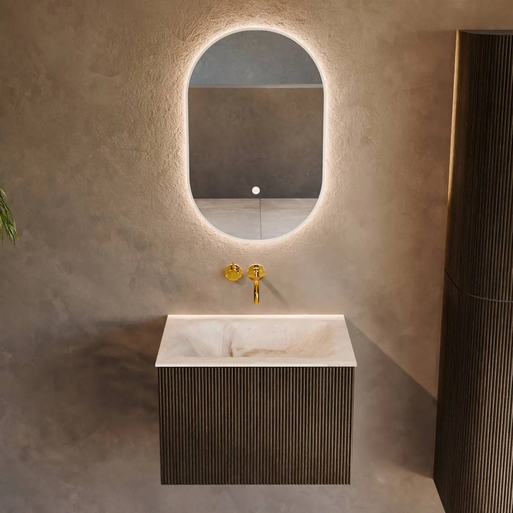 Mondiaz Kurve-dlux 60cm badmeubel shadow met 1 lade en wastafel cloud midden zonder kraangat frappe