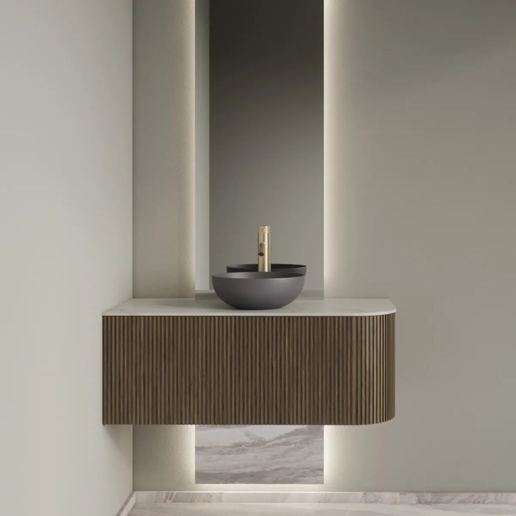Gliss Design Alluro badmeubel ribbelfront met ronding rechts 100cm ash grey en wit marmer toppaneel