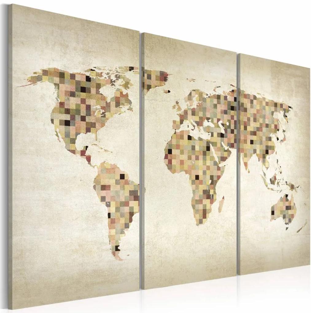 Schilderij - Wereldkaart - Beige tinten van de Wereld, 3luik
