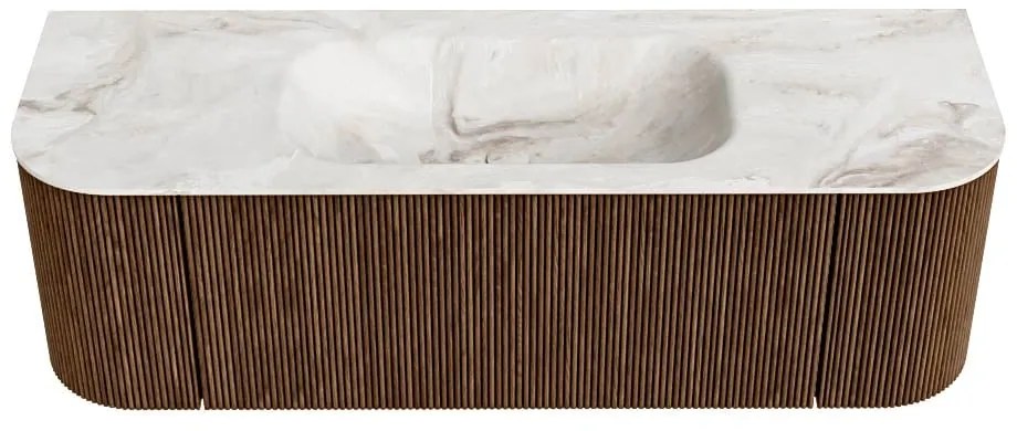 Mondiaz Kurve-dlux 140cm badmeubel ronding links/rechts walnut met 1 lade en 2 deuren en wastafel big small midden zonder kraangat frappe