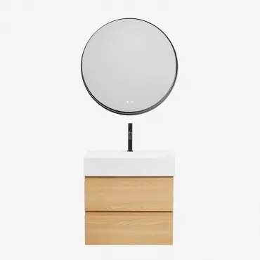 Badkamermeubelset Van Hout En Essenhoutfineer Met Geïntegreerde Wastafel Ona Natuurlijk Hout & Round Led And Antifog Zwart Ø80 Cm - Sklum