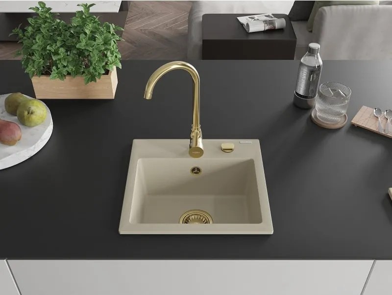 Mexen Milo granitische spoelbak 1-komp. met keukenkraan Telma, beige - 6505-69-670200-50