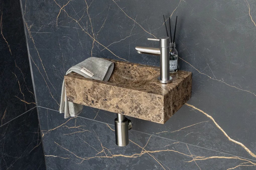 Saniclear Dark Emperador fonteinset met rechte kraan in RVS