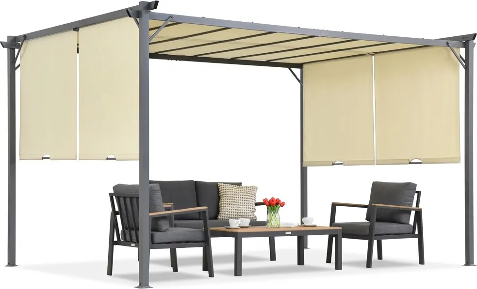 Creme Sevilla terraspergola 3x4m met klamboe en gordijnen Garden Point