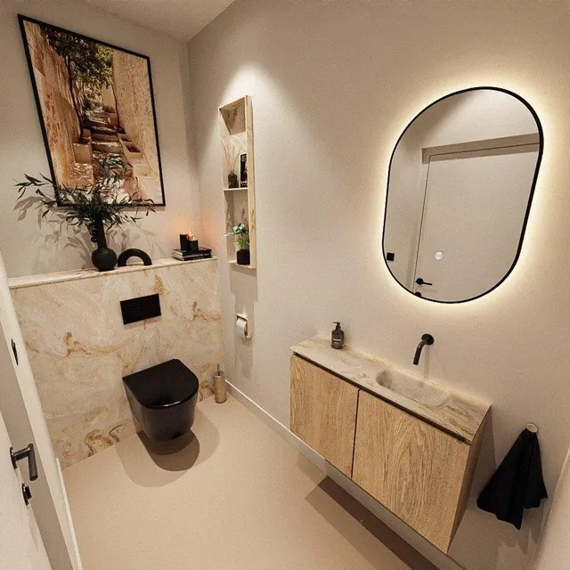 MONDIAZ TURE-DLUX 80cm toiletmeubel Washed Oak. EDEN wastafel Frappe positie rechts. Zonder kraangat. TUREDX80WASR0FRA