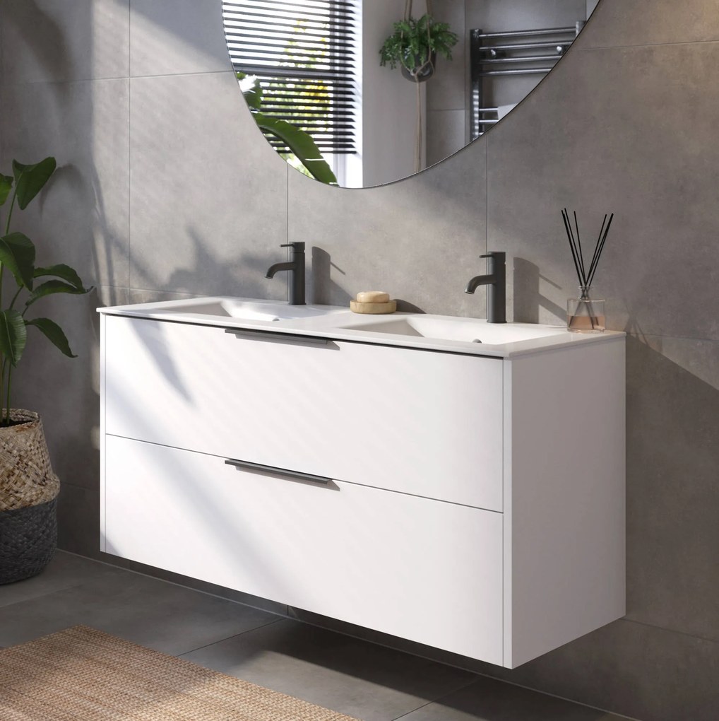 Saqu Lima badmeubel incl. dubbele keramische wastafel 120x46x61cm glans wit – mat zwarte greep