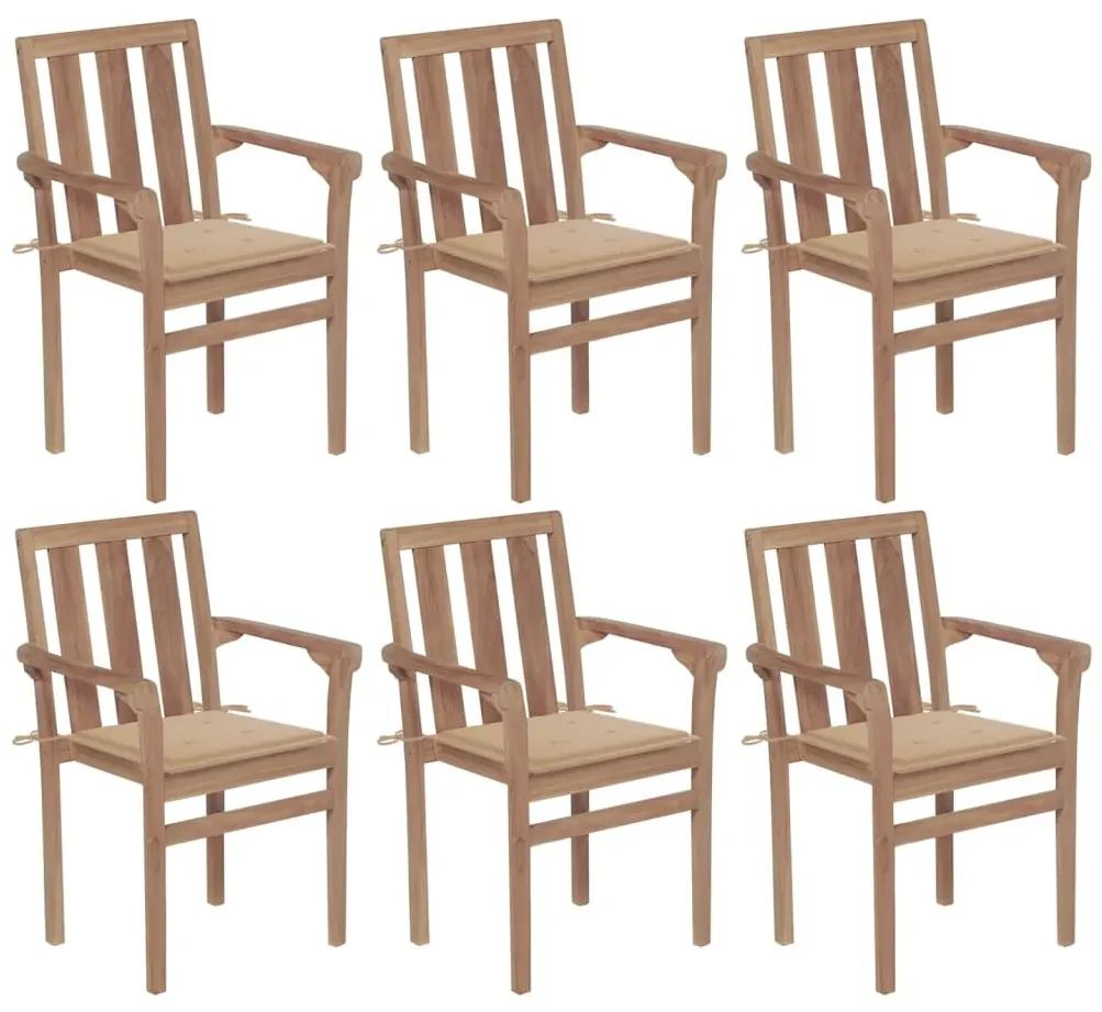 vidaXL Tuinstoelen stapelbaar 6 st met kussens massief teakhout