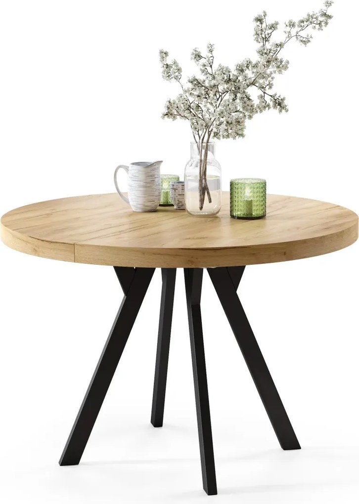 EXPANSO Eik Craft Złoty/zwarte poten - GROTE RONDE TAFEL Ø110 UITBREIDBAAR TOT 310 cm met Y-POTEN LOFT/INDUSTRIAL