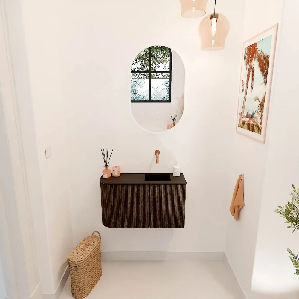 Mondiaz Joya 70cm toiletmeubel ronding links walnut met wastafel faye rechts zonder kraangat urban