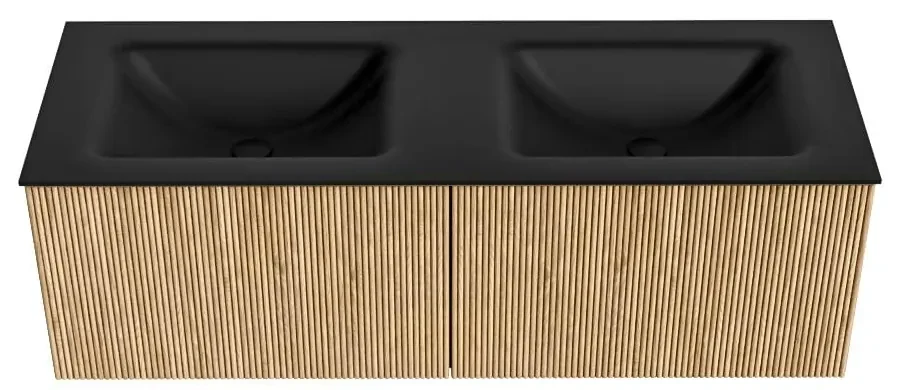 Mondiaz Kurve 130cm badmeubel oak met 2 lades en wastafel cloud dubbel 2 kraangaten urban