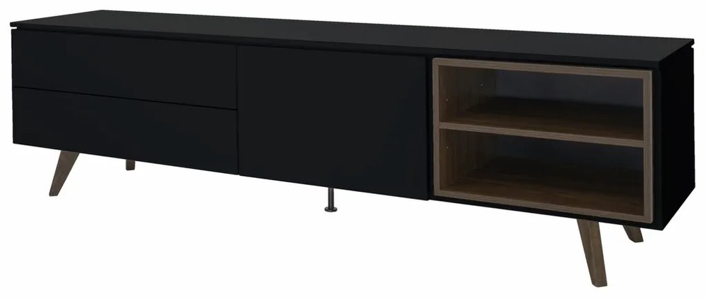 Tenzo Plain Mat Zwart Tv-meubel Met Walnoot Open Vak - 210x45x57cm.