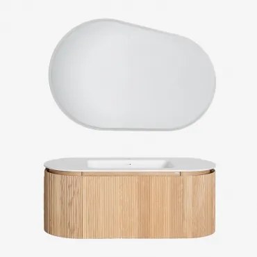 Carsone Zwevend Houten Badkamermeubelset Met Geïntegreerde Wastafel Natuurlijk Hout & Zonder Extra Eenheid & Ovaal Led En Anticondens 120x80 Cm -