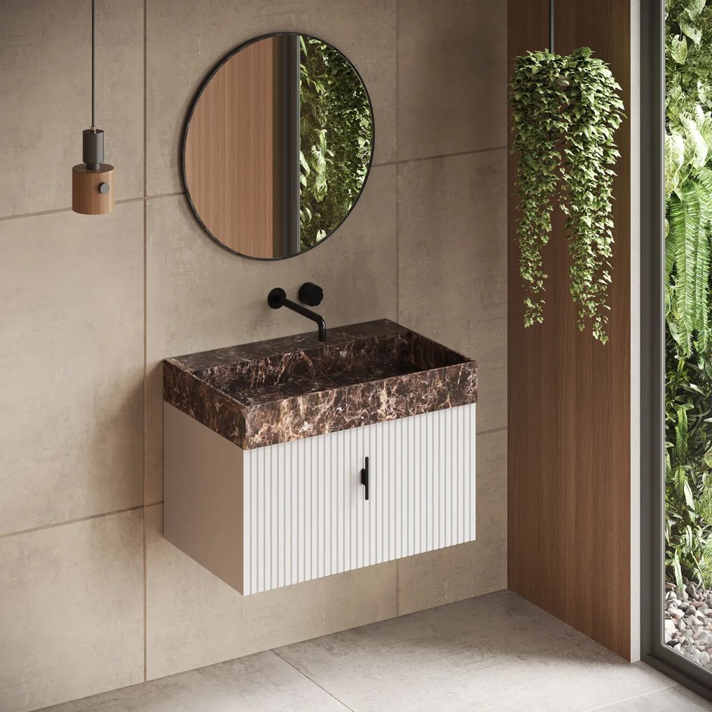 Muebles Zahora badmeubel ribbelfront 80cm wit mat met Dark Emperador wastafel zonder kraangat