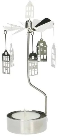 Waxinelichthouder draaiend, huisjes, metaal, ca. 15 cm