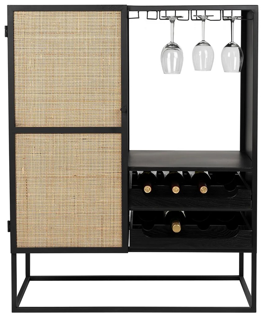 Wijnkast Japandi Zwart Met Rotan - 80x38x100cm.
