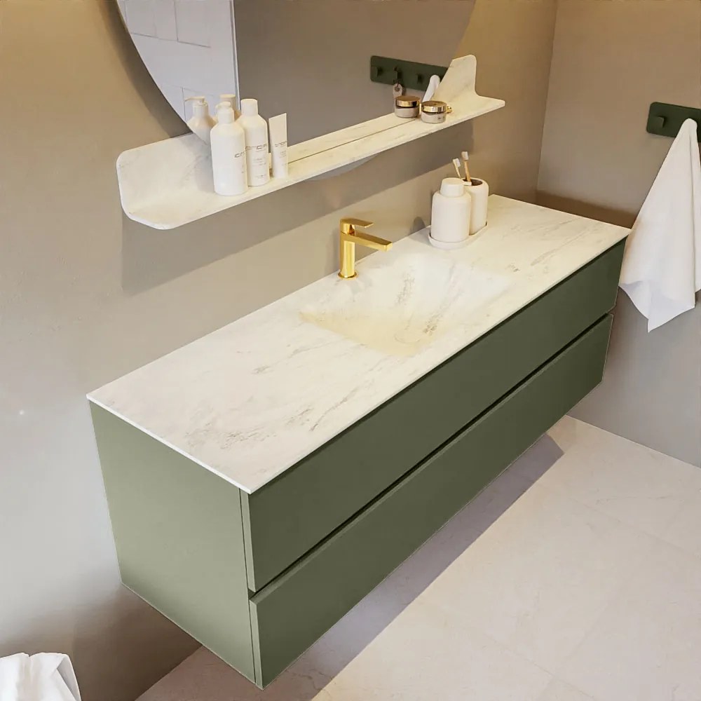 Mondiaz Vica DLux badmeubel 150cm army 2 lades met wastafel opalo midden 1 kraangat