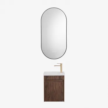 Narek Zwevend Houten Badkamermeubelset Met Geïntegreerde Wastafel Donker Hout & Ovale Led En Anticondens Zwart 50x100 Cm Asteiro & Geborsteld Goudkleu