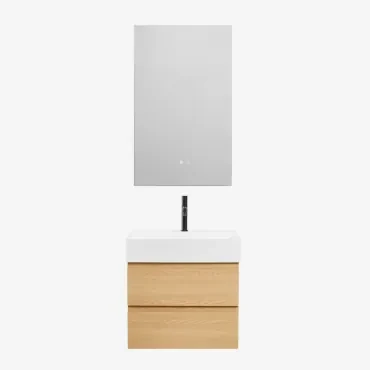 Badkamermeubelset Van Hout En Essenhoutfineer Met Geïntegreerde Wastafel Ona Natuurlijk Hout & Rectangular Led And Antifog 55x90 Cm - Sklum
