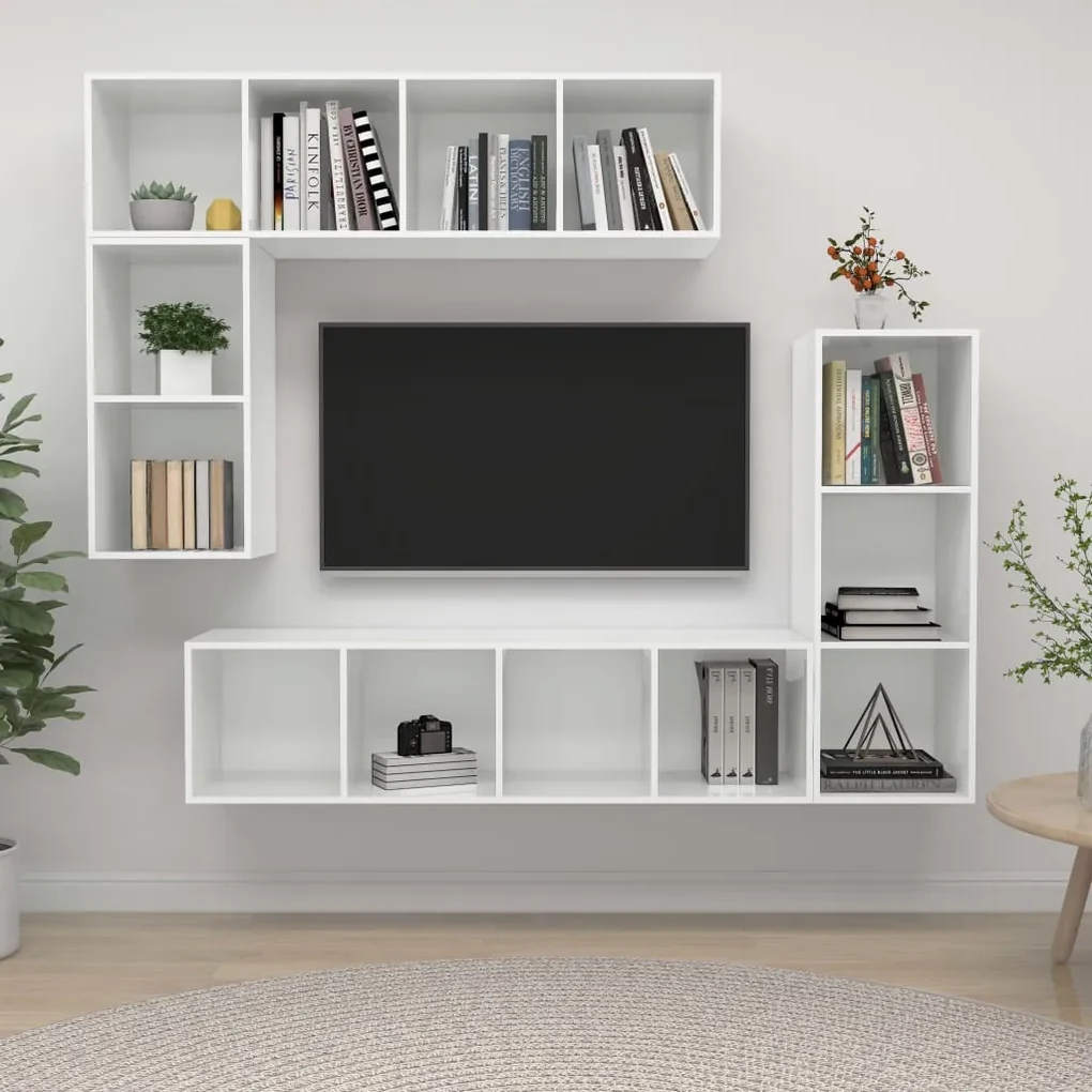 vidaXL 4-delige Tv-meubelset spaanplaat hoogglans wit