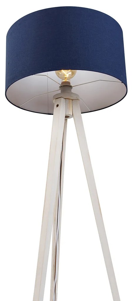 Vloerlamp tripod wit met stoffen kap donkerblauw 50cm - Tripod Classic Landelijk, Modern E27 rond Binnenverlichting Lamp