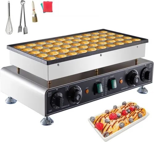 VEVOR Mini-pannenkoekenmaker (50 stuks), Dorayaki-bakplaat van antiaanbak roestvrij staal, 1800W commerciële elektrische poffertjesgrillpan, dubbele temperatuur- en tijdsregeling, voor restaurants