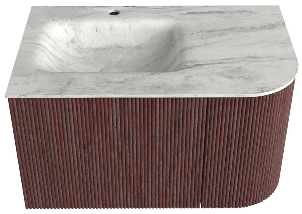 Mondiaz Kurve-dlux 75cm badmeubel ronding rechts ruby met 1 lade en deur en wastafel grunne kraangat links opalo