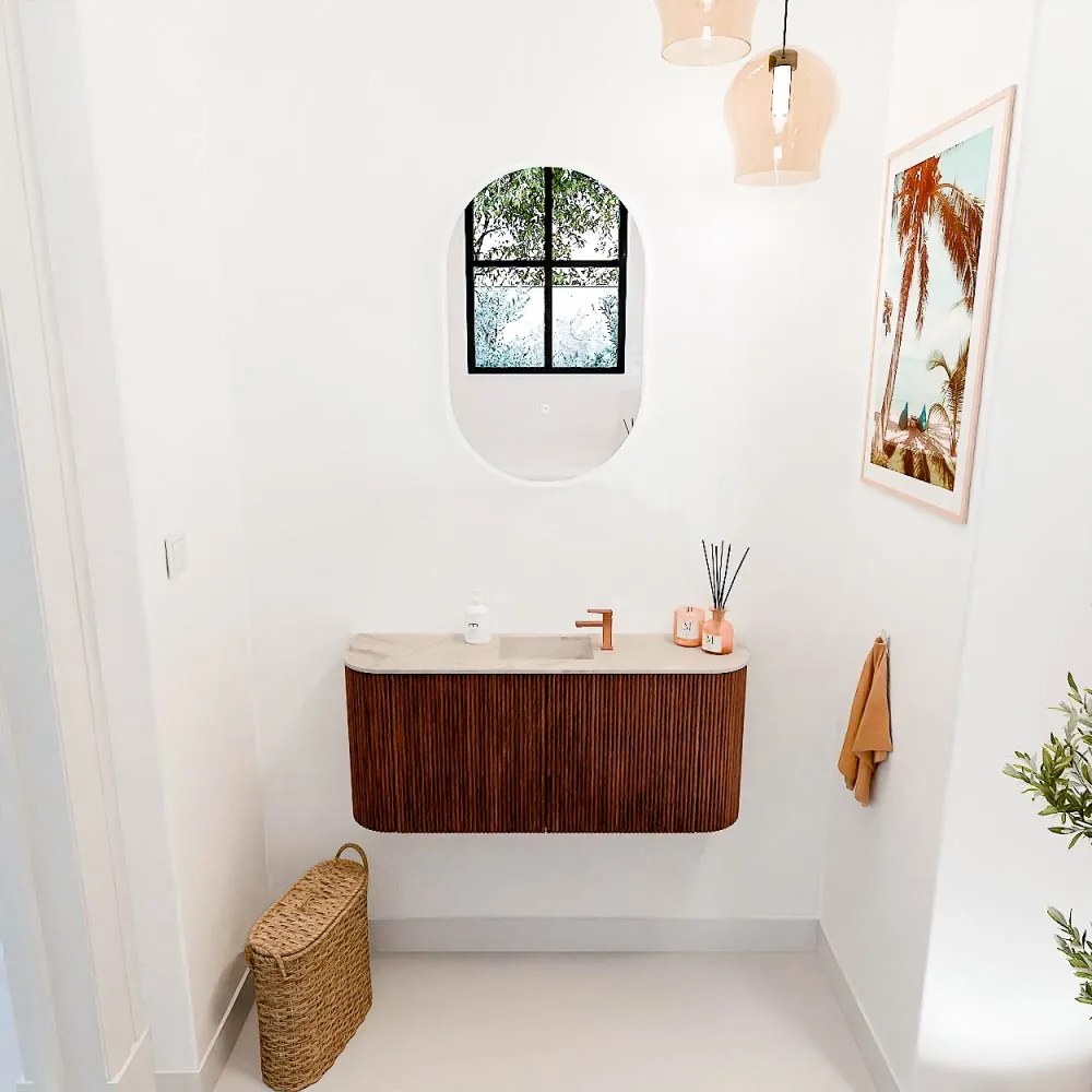 Mondiaz Joya DLux 95cm toiletmeubel ronding links/rechts ruby met wastafel faye midden 1 kraangat frappe