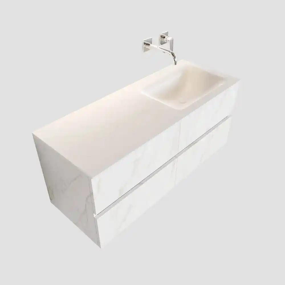 Verkoper schedel Aantrekkingskracht Zaro Valencia Solid Surface badmeubel 120cm mat wit marmer zonder kraangat  spoelbak rechts met 4 lades | Biano