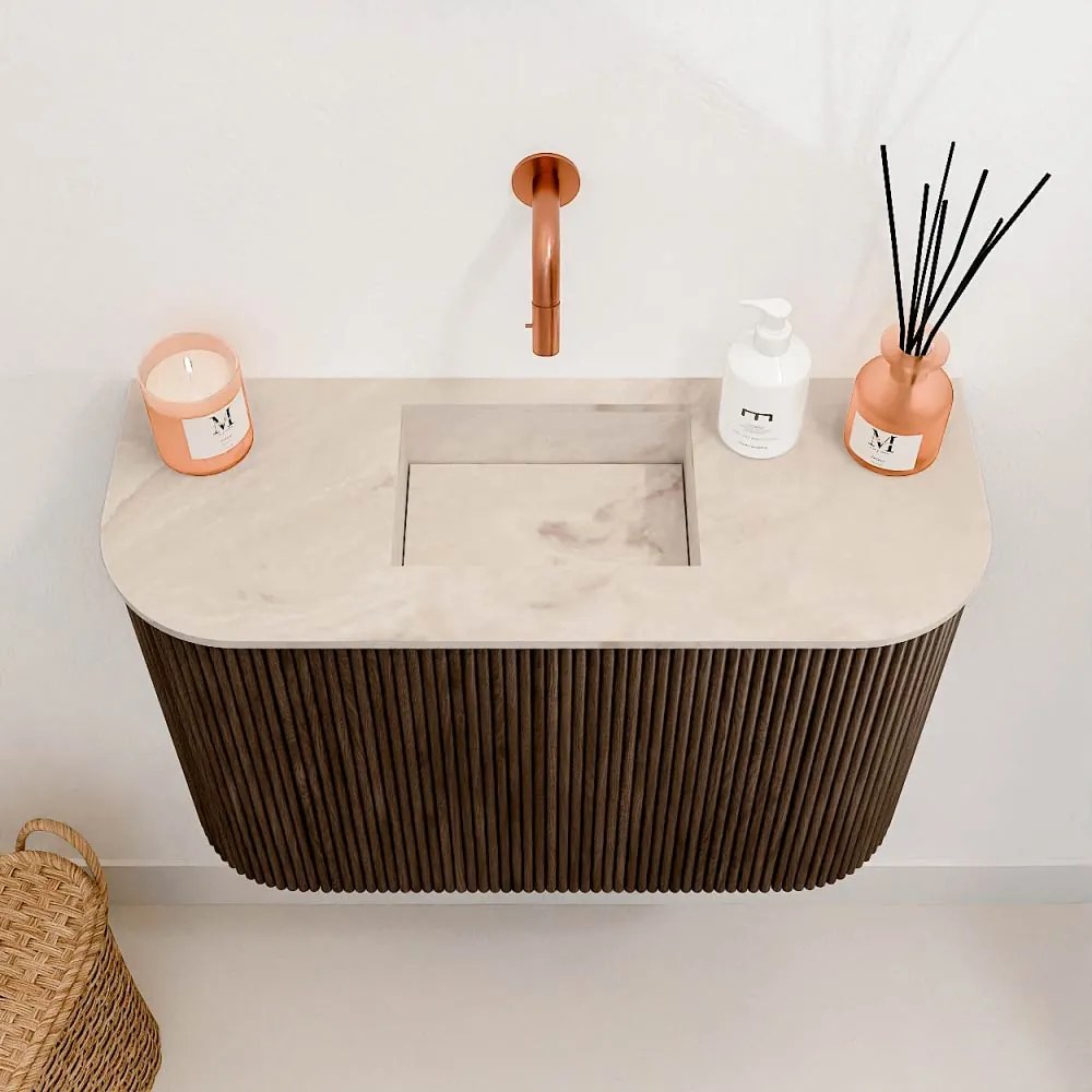 Mondiaz Joya DLux 65cm toiletmeubel ronding links/rechts walnut met wastafel faye midden zonder kraangat frappe
