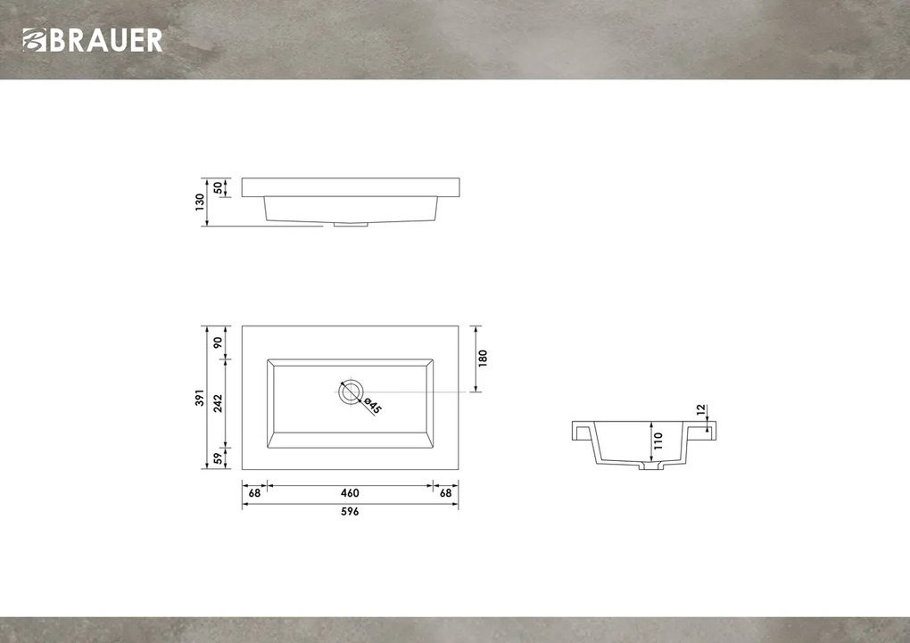 Brauer Spring wastafel mineraalmarmer 60cm zonder kraangat wit glans