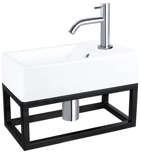 Differnz Force fonteinset - 40x22x11.5cm - Rechthoek - 1 kraangat - Gebogen chromen kraan - met zwart frame - Keramiek Wit 38.401.61