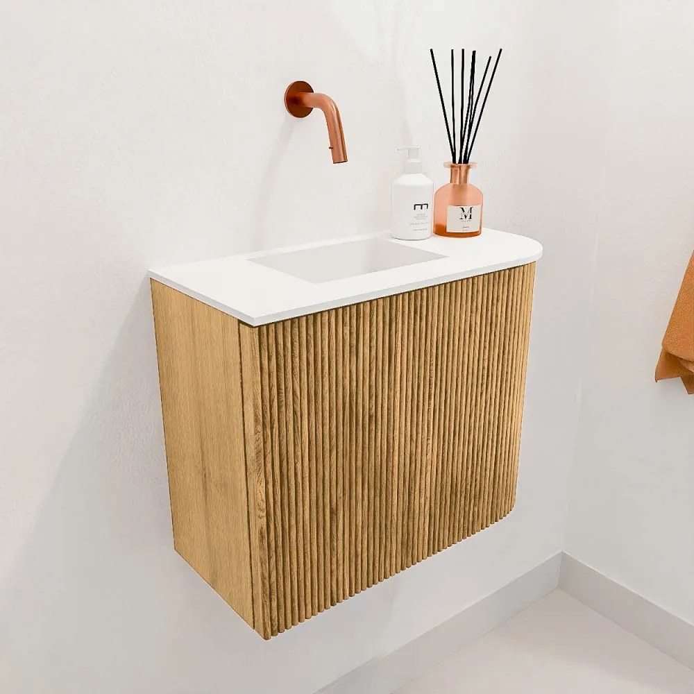 Mondiaz Joya 50cm toiletmeubel ronding rechts oak met wastafel faye links zonder kraangat talc