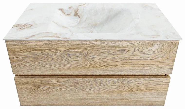 Mondiaz Vica DLux badmeubel 90cm washed oak 2 lades met wastafel frappe midden zonder kraangat