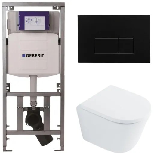 QeramiQ Dely Toiletset - 36.3x51.7cm - diepspoel - rimless - Geberit UP320 inbouwreservoir - met Burda frame - softclose toilet zitting 35 mm - kunstof mat zwarte bedieningsplaat - rechthoekige knoppen - wit glans SW1026255 / SW1159505/0701131/SW706189