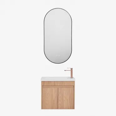 Narek Zwevend Houten Badkamermeubelset Met Geïntegreerde Wastafel Ash Brown & Ovale Led En Anticondens Zwart 50x100 Cm Asteiro & Rosé - Sklum