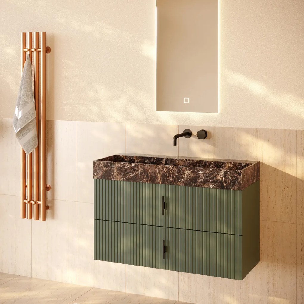 Muebles Murcia badmeubel ribbelfront 100cm legergroen met Dark Emperador wastafel zonder kraangat