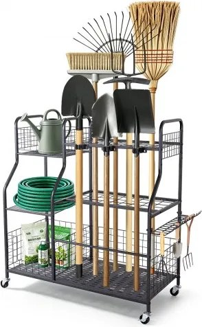 VEVOR Tuingereedschapsrek 1050x435x1005mm Gereedschapshouder met wielen Zwart, Opbergrek voor garage, schuur of tuin, Stalen organizer voor bezems, met 3 opbergvakken, haken en dubbele sleuven