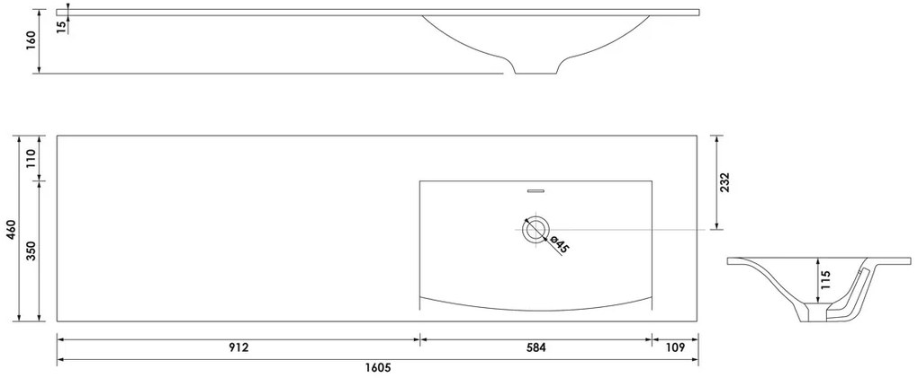 Brauer Glacier wastafel fine stone 160cm rechts zonder kraangat wit glans