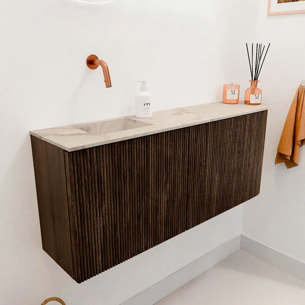 Mondiaz Joya DLux 100cm toiletmeubel ronding rechts walnut met wastafel faye links zonder kraangat frappe