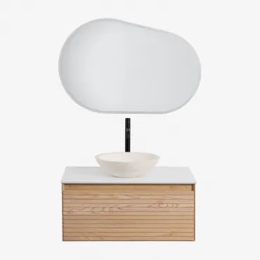 Tedrik Badkamermeubelset In Essenhout Ash Brown & Rond Cement Wit Ø40 Cm Zavion & Ovaal Led En Anticondens 100x65 Cm Meunier & Zwart - Sklum