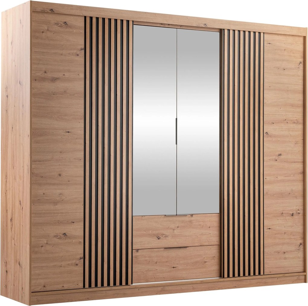 Kledingkast Honolulu 247, Artisan eiken, Zwart, 213x250x60cm, 217 kg, Kledingkast deuren: Schuivend, Met scharnieren