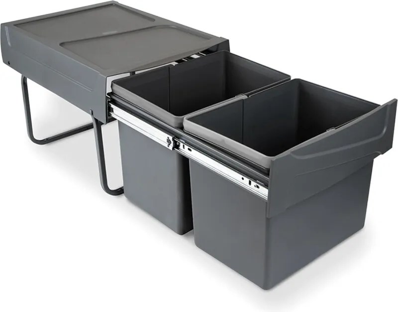 Kitchen Recycling Container, 2 x 15 L, bodembevestiging, handmatige afzuiging, staal en kunststof, antracietgrijs