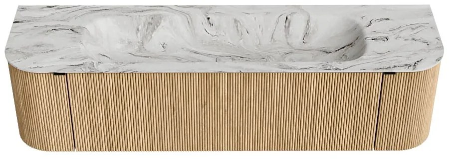 Mondiaz Kurve-dlux 170cm badmeubel ronding links/rechts oak met 1 lade en 2 deuren en wastafel big large midden 2 kraangaten glace