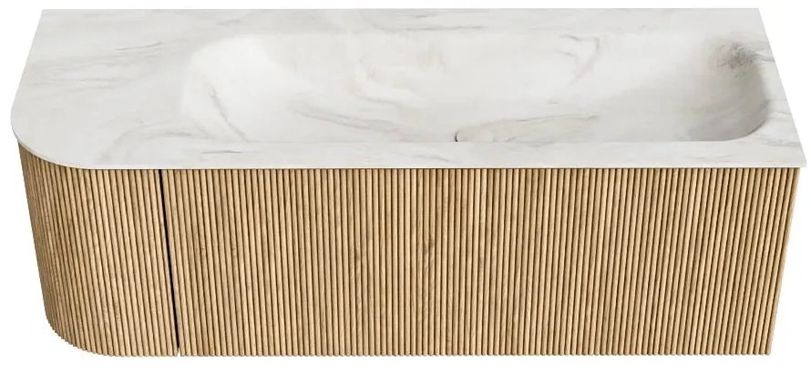 Mondiaz Kurve-dlux 125cm badmeubel ronding links oak met 1 lade en deur en wastafel big medium kraangat rechts ostra