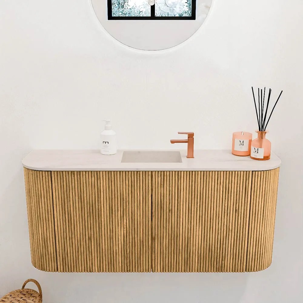 Mondiaz Joya DLux 95cm toiletmeubel ronding links/rechts oak met wastafel faye midden 1 kraangat meli