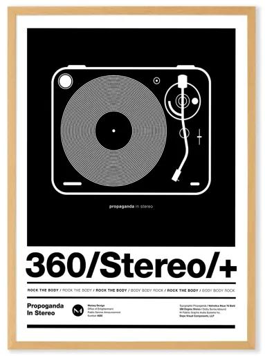 Stereo Poster ingelijste print, A1, zwart en wit