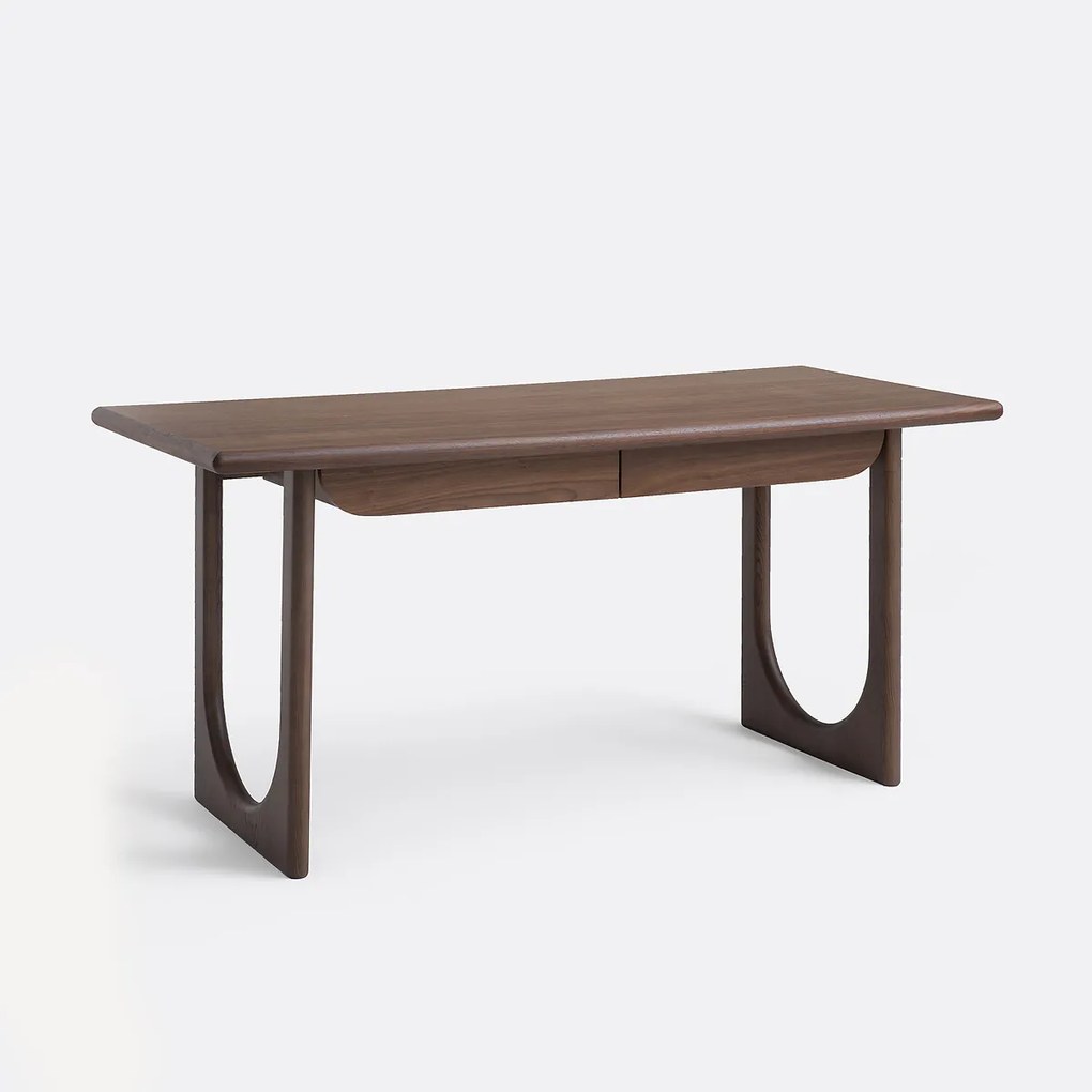 XL bureau in massief essen met walnootfineer, 2 lades, DOUVE