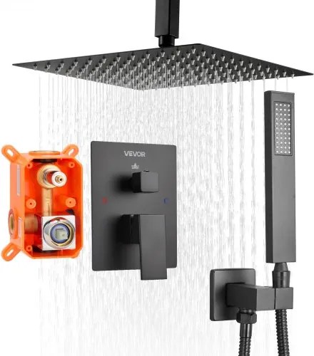 VEVOR Douchekraan Regendouchesysteem voor Badkamer Douchesysteem met 305 mm Vierkante Regendouchekop & Handdouche, Wandgemonteerde Badkamerkranen met Messing Klep & Afwerkingsset, Mat Zwart